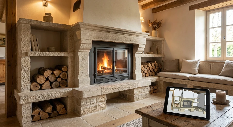 Photographie d'une cheminée traditionnelle en pierre de taille avec foyer fermé par insert métallique, intégrée dans un mur de pierre taillée d'une maison résidentielle, montrant l'aménagement complet avec niche et banquette en pierre, éclairage chaleureux, feu visible dans l'insert, ambiance cosy intérieure.